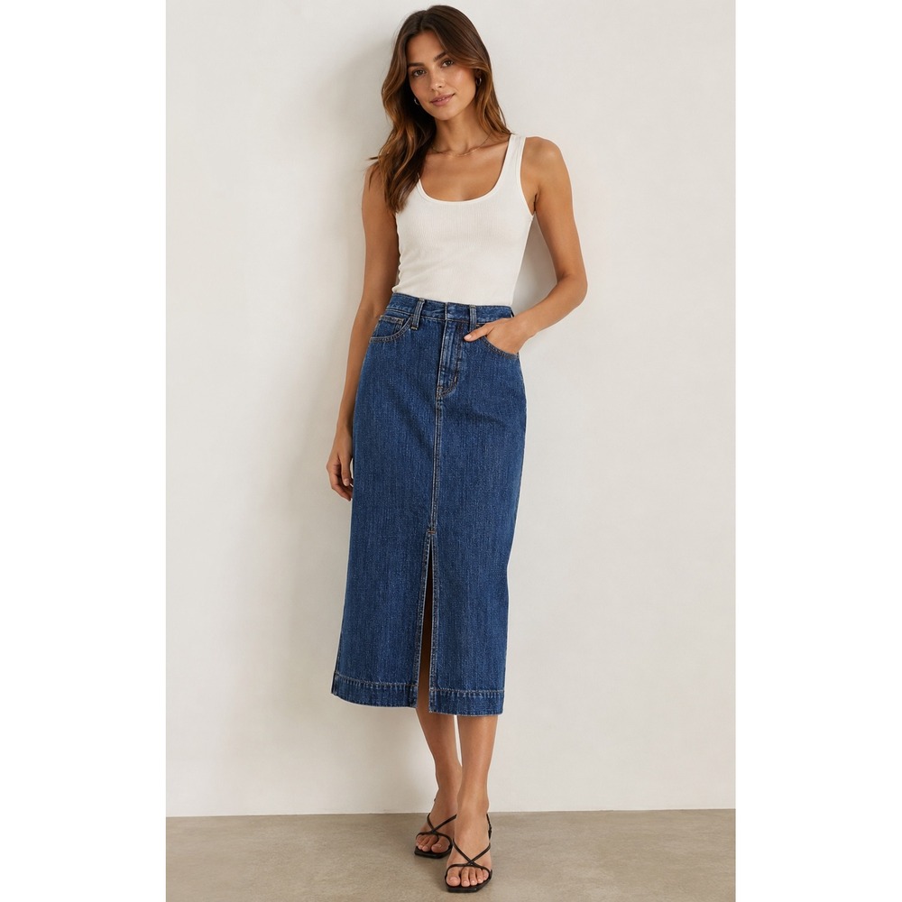 J.Crew Dark Wash Denim Midi Skirt Front Slit Size 27 High Rise Cotton